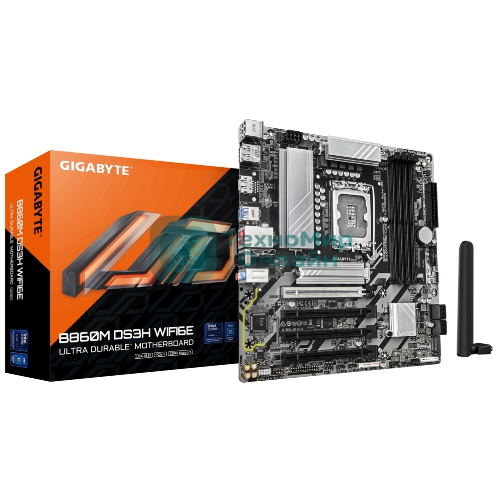 Материнская плата Gigabyte B860M DS3H WIFI6E, LGA1851, Intel B860, 4xDDR5, 4xSATA, 2xM.2, 1xPCIe 5.0 x16, 3xPCIe 4.0 x1, 2xDP, 1xHDMI, 1x2.5Gb LAN, Wi-Fi 6E, Bluetooth 5.3, 1xUSB-C 10Gbps, 2xUSB-A 10Gbps, 4xUSB-A 5Gbps, 7xUSB-A 2.0, 3x3.5 мм, 7.1, mATX