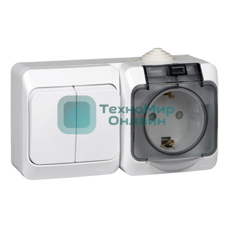 Блок ОП Этюд (2-кл. выкл. + евророз. защ. шторки) IP44 бел. SchE