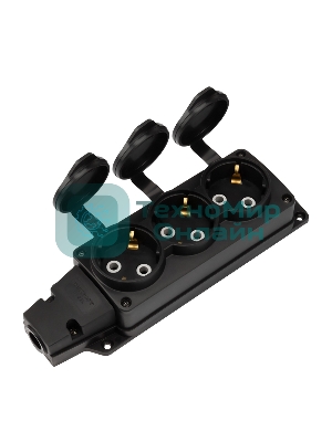 Розетка (колодка) Rexant влагозащищенная с крышкой 3 гнезда COMPACT, с/з, 16А, IP54, каучук, черный