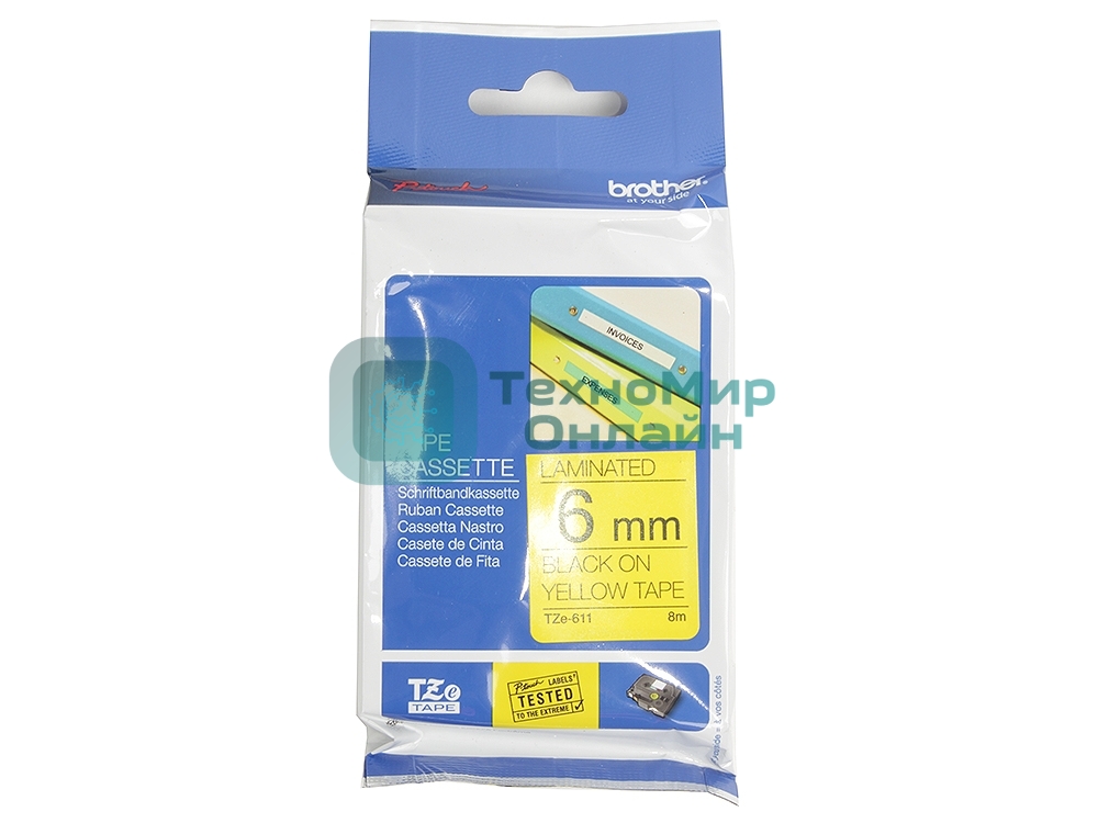 Наклейка ламинированная Brother TZe-611 (6 мм черн/желт, аналог TZ-611)