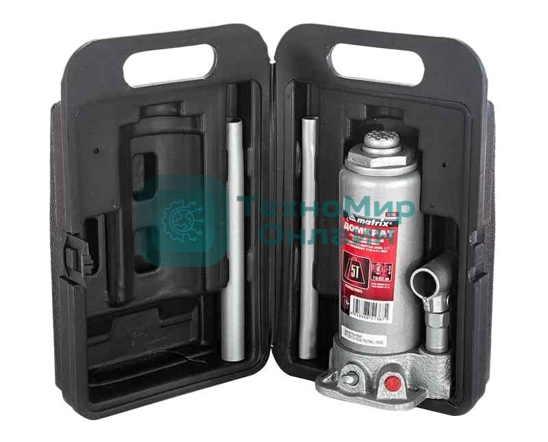 Домкрат Matrix бутылочный 5т h подъема 216–413мм в пласт. кейсе