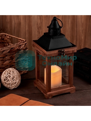 Декоративный фонарь Neon-night со свечкой, корпус из дерева, размер 14х14х35cм, теплый белый