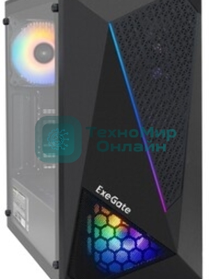 Компьютерный корпус Miditower ExeGate EVO-8227 (ATX, без БП, 2хUSB+1хUSB 3.0+HD Audio, черный, 3 вент. с RGb подсветкой, боковая панель - закаленное стекло)