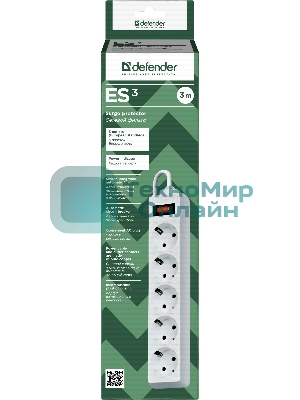 Сетевой фильтр Defender ES, 3.0 м, 5 розеток белый