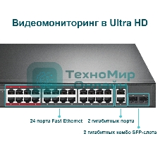 Коммутатор 24-port 10/100Mbps Unmanaged PoE+ Switch with 2 combo RJ-45/SFP uplink ports, metal case, rack mount, 24 802.3af/at compliant PoE+ ports, 2 gigabit combo RJ-45/SFP uplink ports, DIP switches for Extend mode, Isolation mode and Priority mode, up to 25