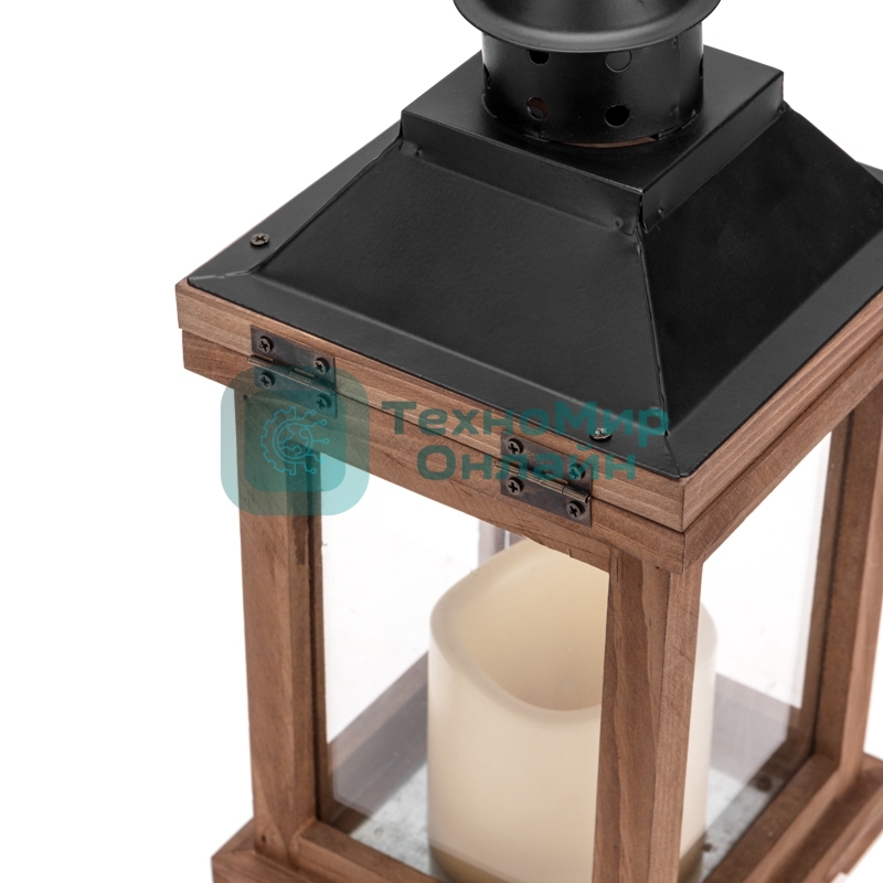 Декоративный фонарь Neon-night со свечкой, корпус из дерева, размер 14х14х35cм, теплый белый