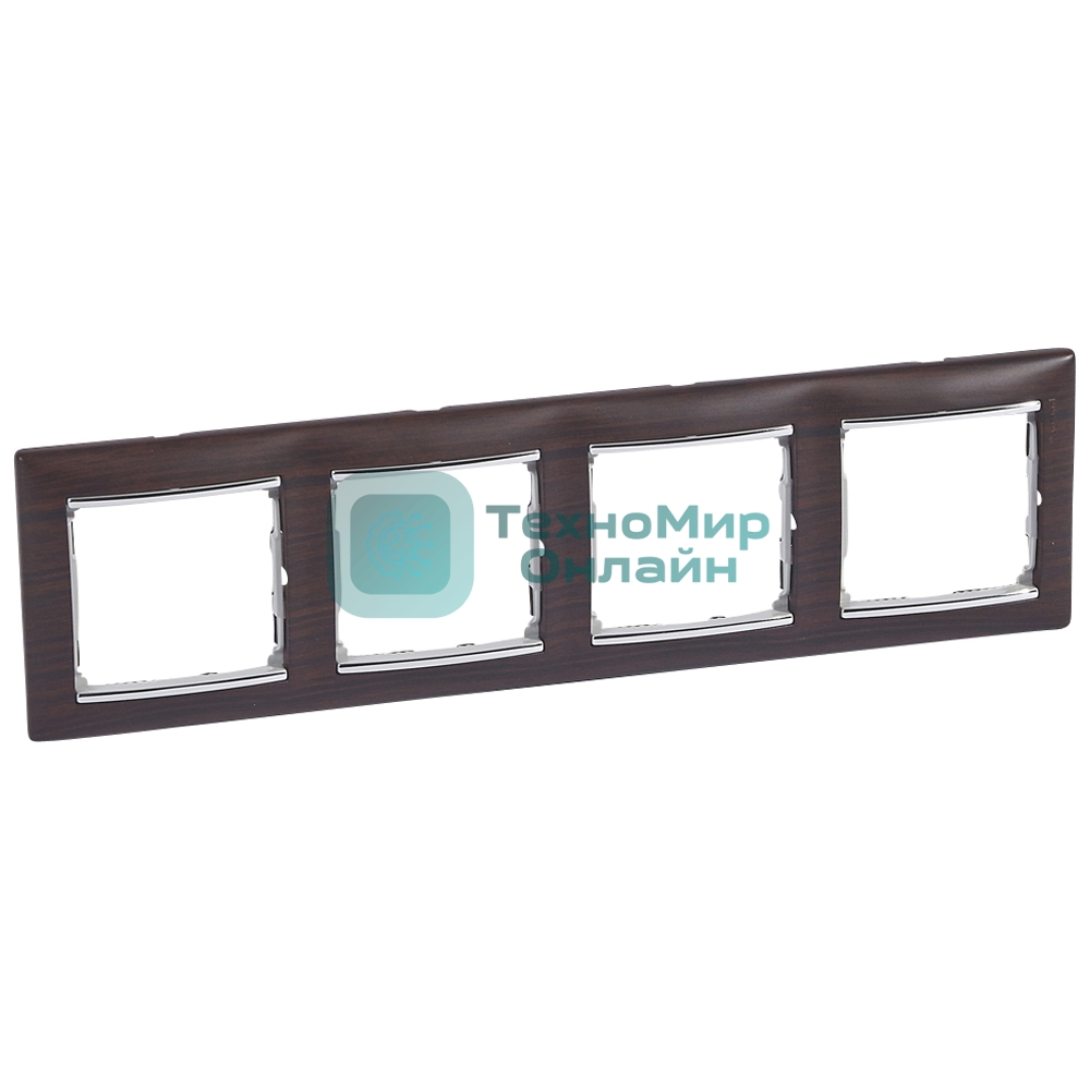 Рамка Valena 4 поста, горизонтальная, темное дерево/серебряный штрих