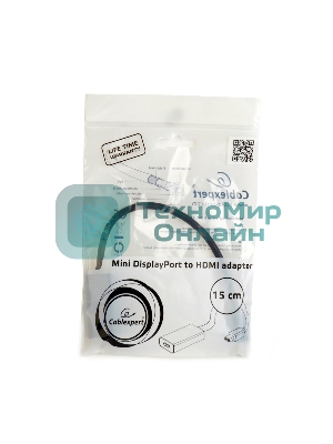 Переходник miniDisplayPort -> HDMI, Cablexpert A-mDPM-HDMIF4K-01, 4K, 20M/19F, кабель 15 см, черный, пакет
