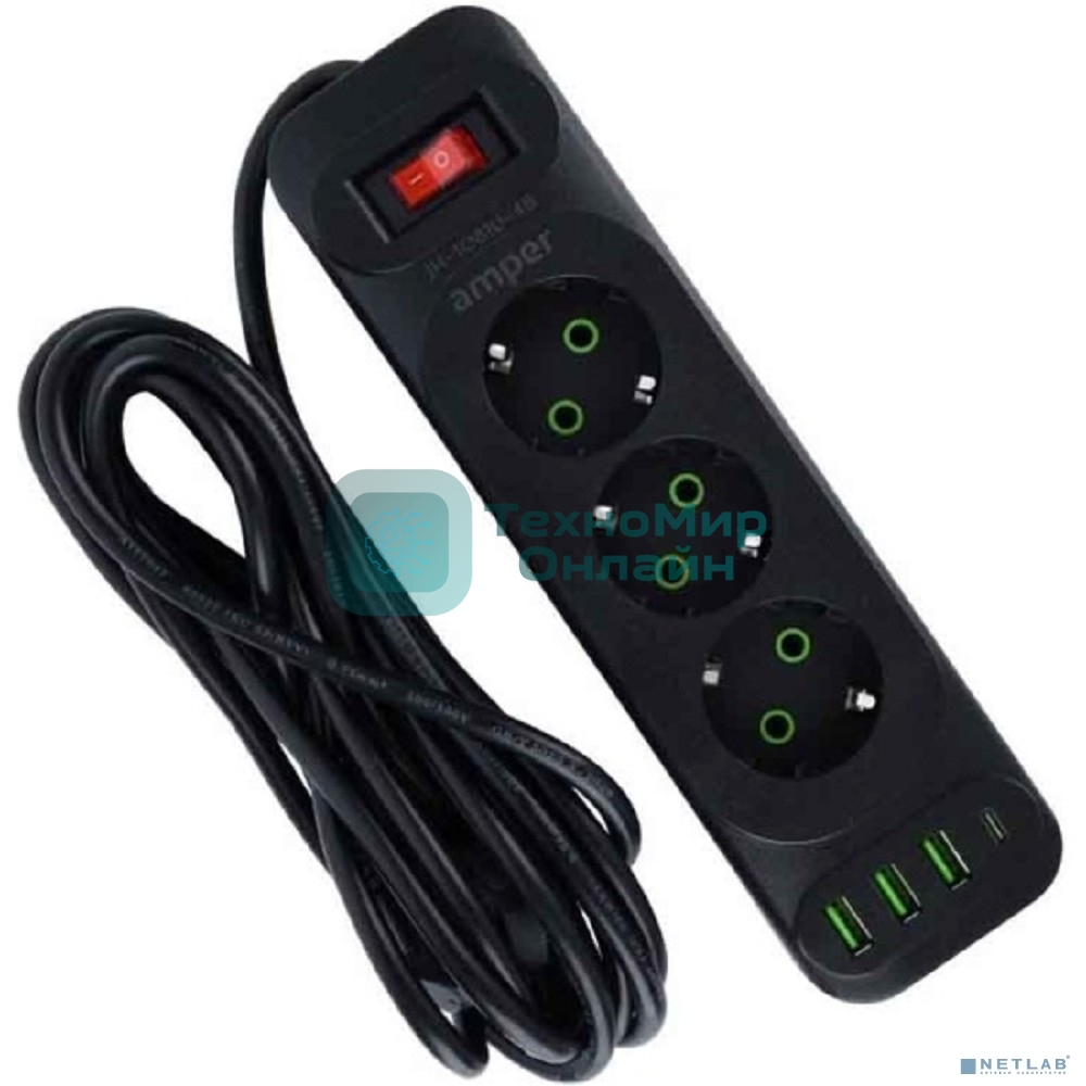 Сетевой удлинитель Amper , 4,0м, 3 розетки, 10А, 2500 Вт, 3usb,1Type-C, черный.