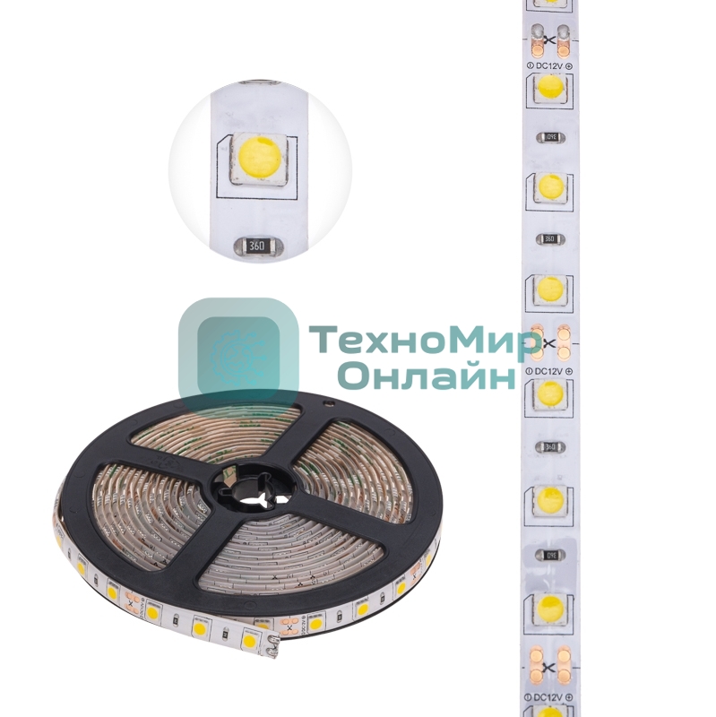 Лента светодиодная 5 м 12 В 5050 2700 К IP65 60 LED/м для БП с клеммами LAMPER