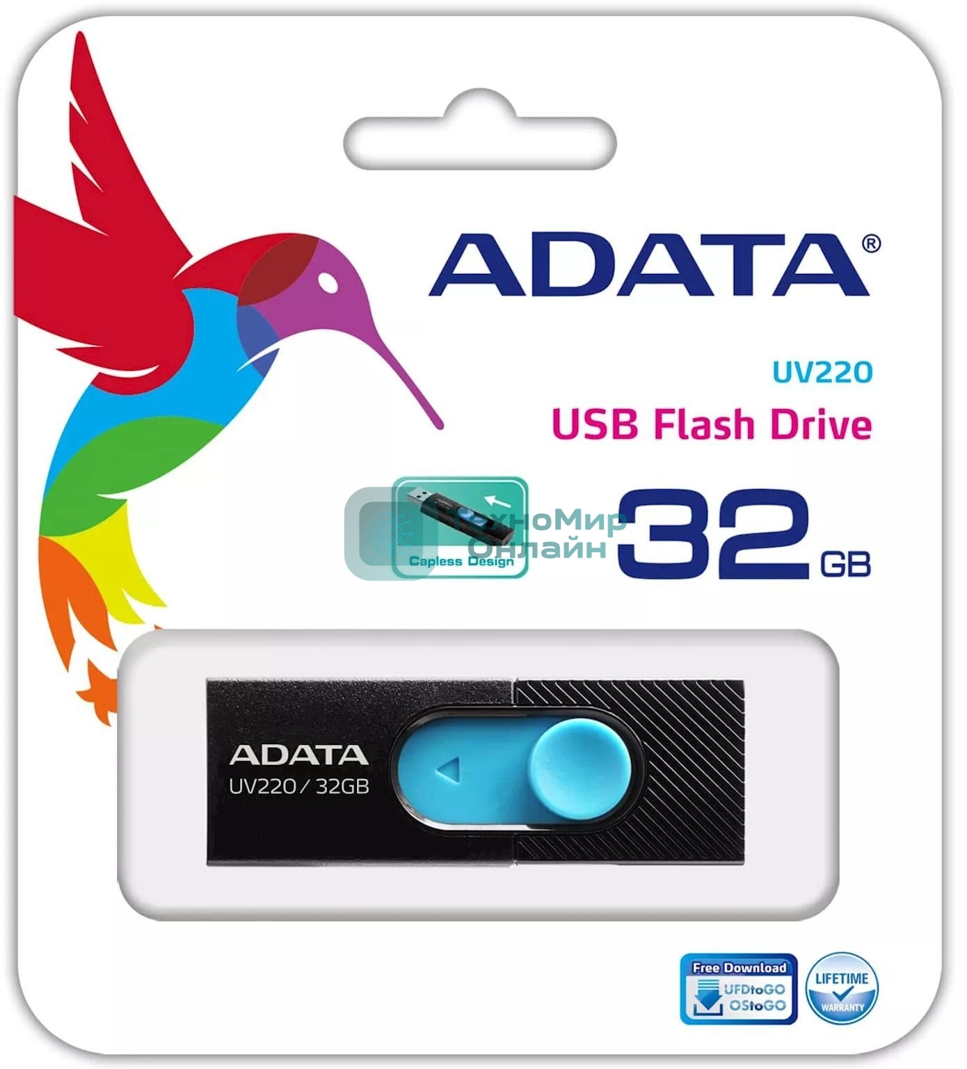 Флешка USB ADATA UV220 (AUV220-32G-RBKBL), 32Gb, USB 2.0, R/W 15/5, черный/голубой