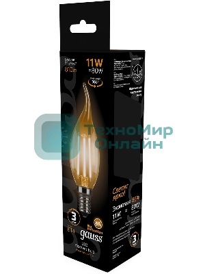 Лампа светодиодная филаментная Gauss Filament 11Вт цок.: E14 свеча 220B св. свеч. бел. теп. CF35 (упак.: 10 шт)