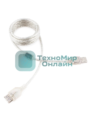 Кабель-удлинитель USB2.0 Pro Cablexpert CCF-USB2-AMAF-TR-2M, AM/AF, 2м, экран, 2феррит.кольца, прозрачный, пакет