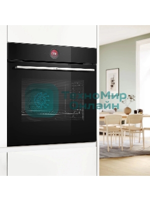 Встраиваемый духовой шкаф с 14 режимами нагрева,контроль температуры от 30 °C до 300 °C,объем 71 л,Eco Clean Direct,TFT сенсорный дисплей,дверь с SoftClose и SoftOpen, Bosch Assist,система очистки пиролитическая,черный