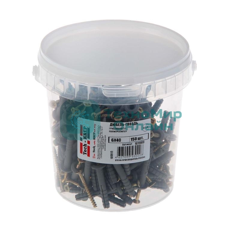 Дюбель-гвоздь 6х40 с грибовидной манжетой полипропилен (уп. 150 шт) ведро Tech-Krep 101989