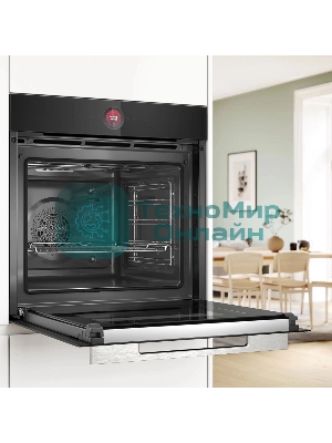 Встраиваемый духовой шкаф с 14 режимами нагрева,контроль температуры от 30 °C до 300 °C,объем 71 л,Eco Clean Direct,TFT сенсорный дисплей,дверь с SoftClose и SoftOpen, Bosch Assist,система очистки пиролитическая,черный