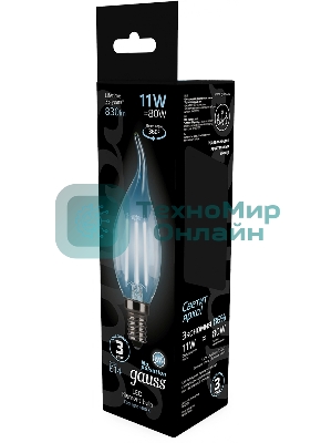 Лампа светодиодная филаментная Gauss Filament 11Вт цок.:E14 свеча 220B св.свеч.бел.нейт. CF35 (упак.:10шт)