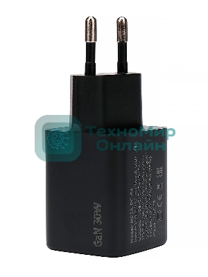 Зарядное устройство Cablexpert MP3A-PC-64, 30Вт GaN, 3А, QC4.0/PD, 1xUSB, 1xType-C, черный, пакет
