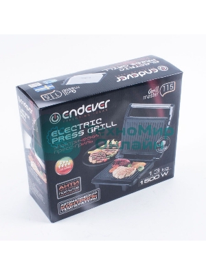 Гриль электрический Endever Grillmaster 115, 1500 Вт, авто терморегулятор, антипригарное покрытие, индикатор нагрева, серебристый/черный