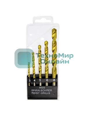 Набор Matrix нитридтитановых сверл по металлу, 3-4-5-6-8 мм, HSS, 5 шт., пласт. кор. цил. хвост.