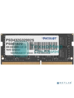 Оперативная память Patriot Signature, DDR4, 32GB (1x32 GB), 3200 MHz, CL22, SO-DIMM