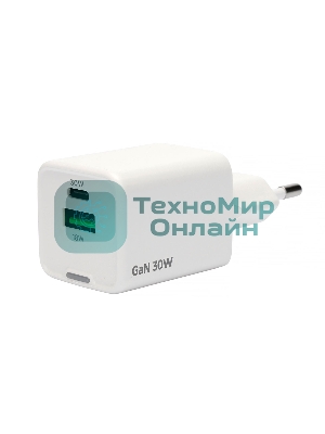 Зарядное устройство Cablexpert MP3A-PC-63, 30Вт GaN, 3А, QC4.0/PD, 1xUSB, 1xType-C, белый, пакет