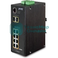 Коммутатор индустриальный PoE IGS-10020PT для монтажа в DIN-рейку IP30 L2+ SNMP Manageable 8-Port Gigabit POE(Af) Switch + 2-Port Gigabit SFP Industrial Switch (-40 to 75 C), ERPS Ring Supported, 1588