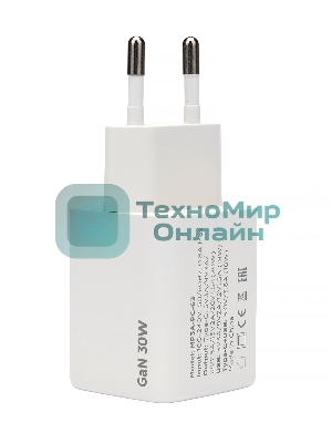 Зарядное устройство Cablexpert MP3A-PC-63, 30Вт GaN, 3А, QC4.0/PD, 1xUSB, 1xType-C, белый, пакет
