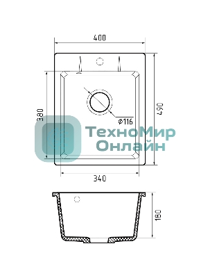 Мойка GRANFEST URBAN 240 1-чаша 400x490мм, монтаж: врезной, материал: кварц, темно-серый