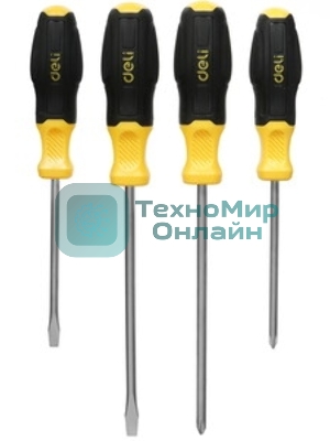 Набор отверток Deli DL630004N 4шт SL5x100 + SL6x150 + PH1x100 + PH2x150 сталь Cr-V, двухкомпонентная прорезиненная рукоять