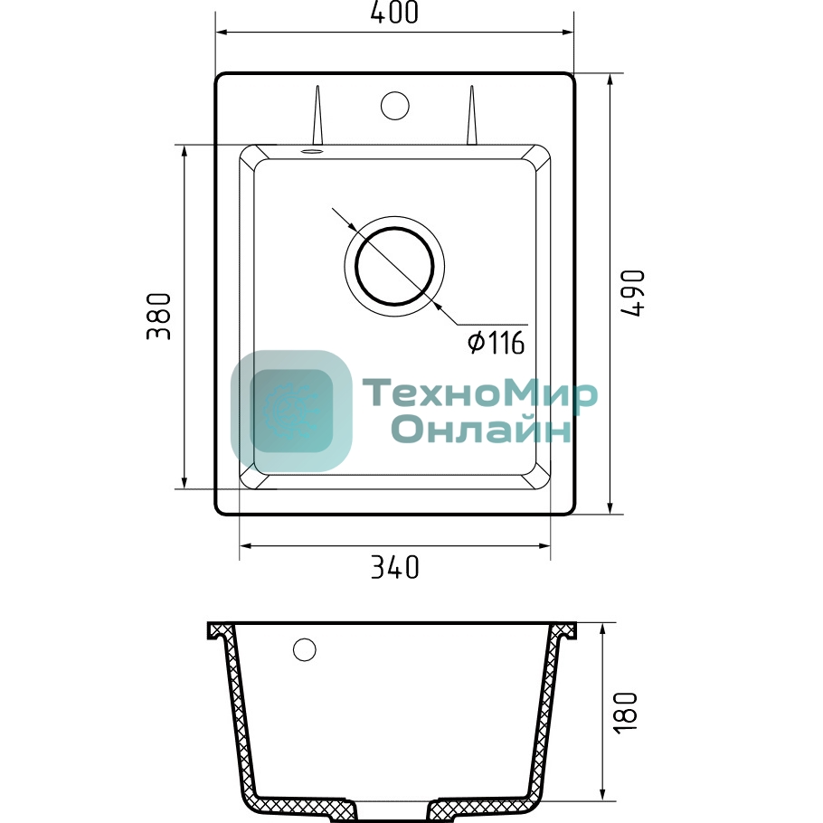 Мойка GRANFEST URBAN 240 1-чаша 400x490мм, монтаж: врезной, материал: кварц, серый