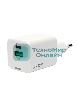 Зарядное устройство Cablexpert MP3A-PC-61, 20Вт GaN, 3А, QC4.0/PD, 1xUSB, 1xType-C, белый, пакет