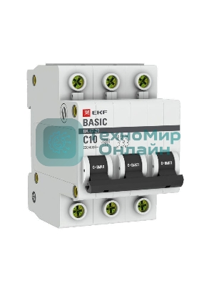 Выключатель автоматический модульный 3п C 10А 4.5кА ВА 47-29 Basic EKF mcb4729-3-10C