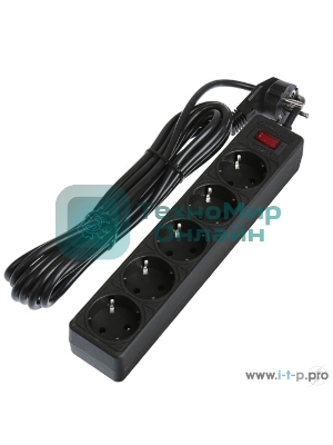 Сетевой фильтр Smartbuy SBSP-50-K One, 10А, 2 200 Вт, 5 розеток, длина 5,0 м, черный (SBSP-50-K)/35