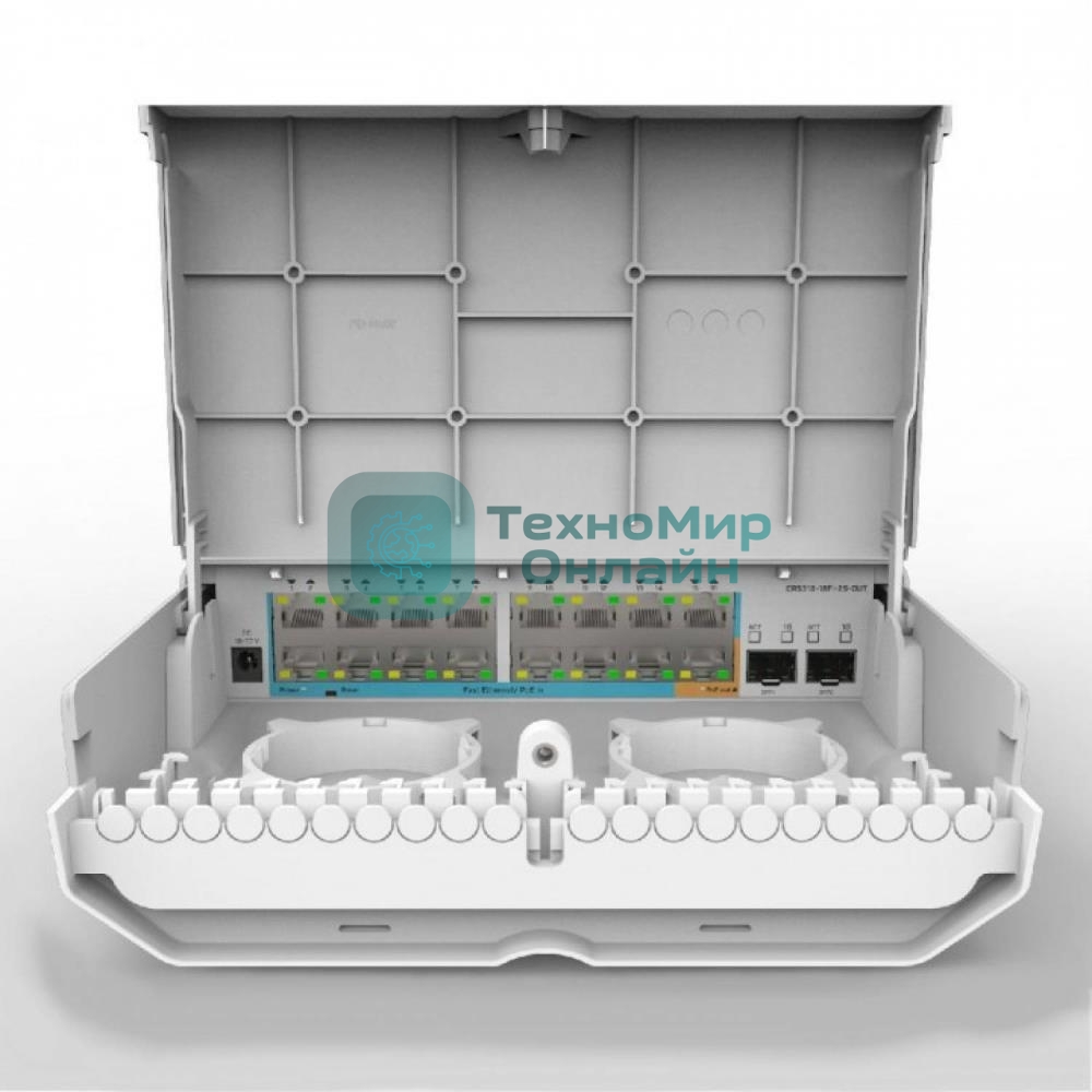 Коммутатор MikroTik Cloud Router Switch 318-16P-2S+OUT with 800MHz CPU, 256MB RAM, 16x Gigabit LAN with PoE-out, 2xSFP+ cages, RouterOS L5 or SwitchOS (dual boot), outdoor enclosure, mounting kit (power supply N