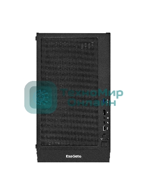 Компьютерный корпус Miditower ExeGate EVO-5001A (ATX, без БП, 2хUSB+1хUSB 3.0+HD Audio, черный, 3 вент.12см с RGb подсветкой, боковая панель - закаленное стекло)