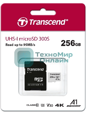 Флеш карта microSD 256Gb Transcend microSDXC Class 10 UHS-I U3, V30, A1, (SD адаптер), TLC