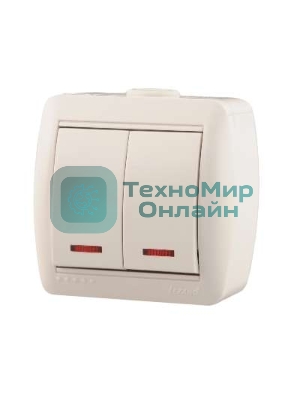 Выключатель 2-кл. ОП Ната 10А IP20 с подсветкой белый LEZARD 710-0200-112