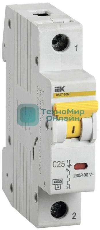 Выключатель автоматический однополюсный ВА47-60M 1Р 25А 6кА С MVA31-1-025-C IEK