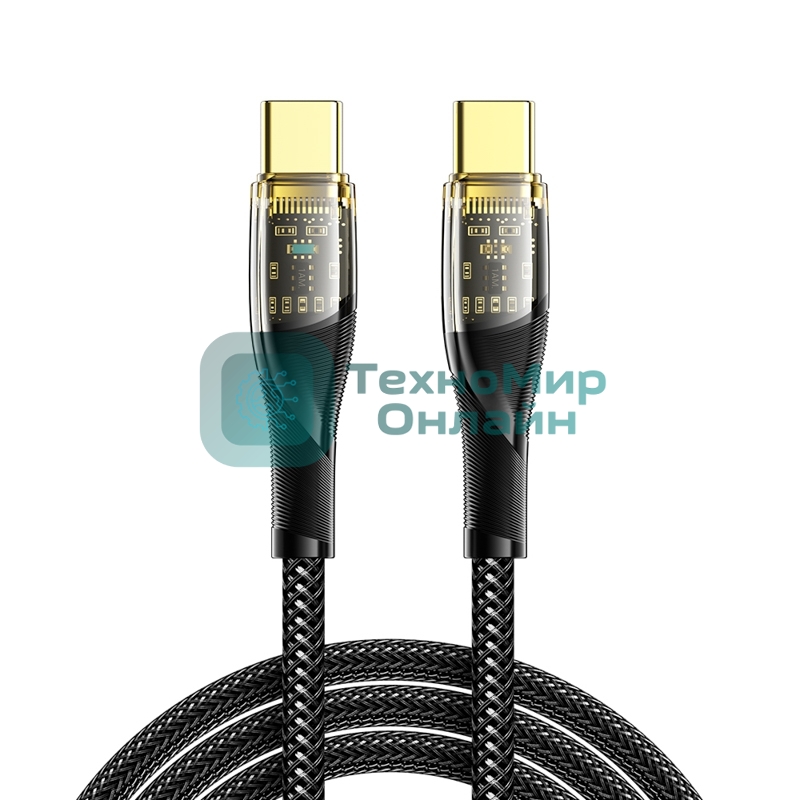 Кабель Rexant Type-C – Type-C, 5А, 100Вт, 1м, в черной нейлоновой оплетке со световой индикацией