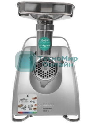 Мясорубка электрическая Bosch MFW68640 черный, 2200 Вт, 4.3 кг/мин, реверс, металлический лоток, насадки - 5