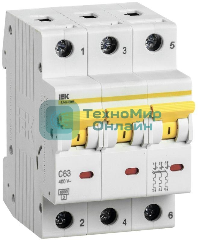 Выключатель автоматический трехполюсный ВА47-60M 3Р 63А 6кА С MVA31-3-063-C IEK