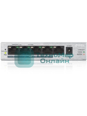 Коммутатор Zyxel GS1005HP Switch PoE +, 5xGE (4xPoE +), desktop, metal, silent, PoE budget 60 W