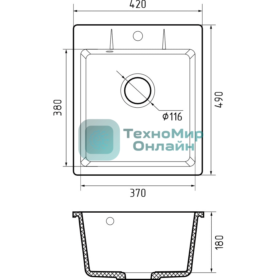 Мойка GRANFEST URBAN 242 1-чаша 420*490мм, монтаж: врезной, материал: кварц, песочный