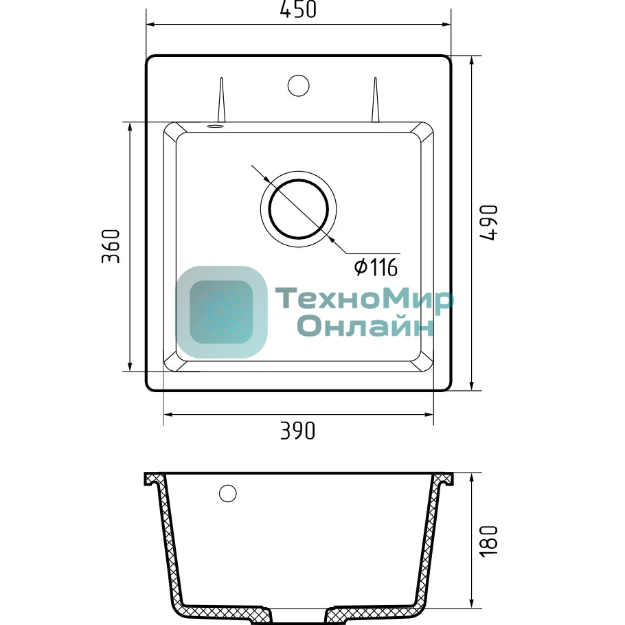 Мойка GRANFEST URBAN 245 1-чаша 450x490мм, монтаж: врезной, материал: кварц, темно-серый