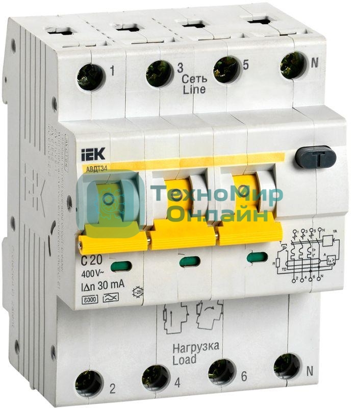Выключатель автоматический дифференциального тока 34 3п+N 20А C 30мА тип A MAD22-6-020-C-30 IEK