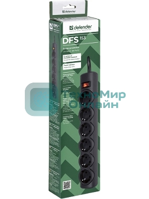 Сетевой фильтр Defender DFS 153 3 м, черный, 6 розеток