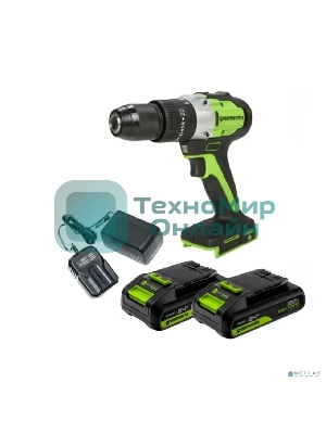 Дрель-шуруповерт аккумуляторная Greenworks GD24DD60 ударная аккумуляторная, 24V, бесщеточная, 30/60Нм,2х2Ач,ЗУ,кор 3704107CUC