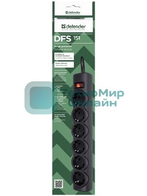 Сетевой фильтр Defender DFS 151 1.8 m, 6 розеток, черный
