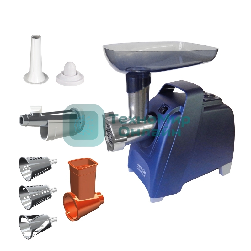 Мясорубка электрическая Аксион М61.02 темно-синий, 2000 Вт, 4.0 кг/мин, реверс, защита от перегрузки, насадки - 4